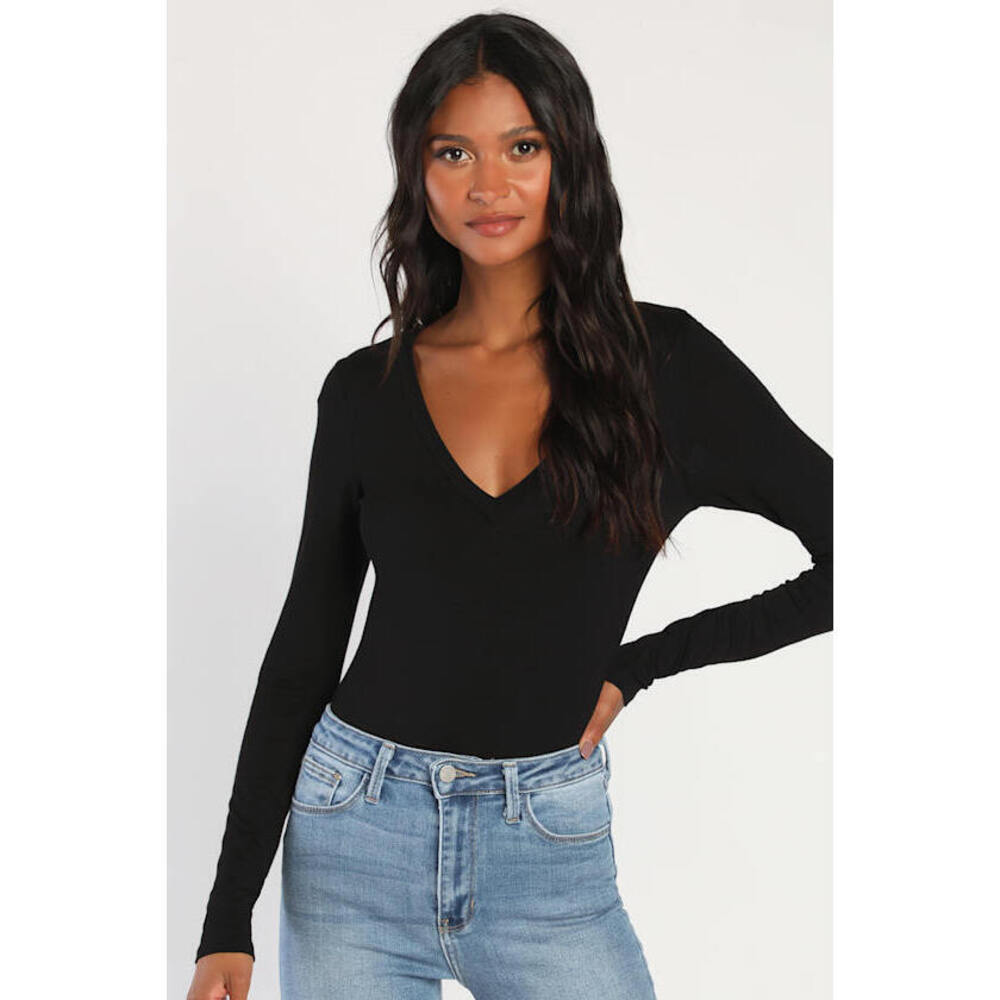 Lulus Clean Look Black V-neck Long Sleeve Bodysuit - Size L